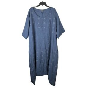 Ulla Popken Linen Dress Blue Embroidered Lagenlook Casual Lounge Womens 4X
